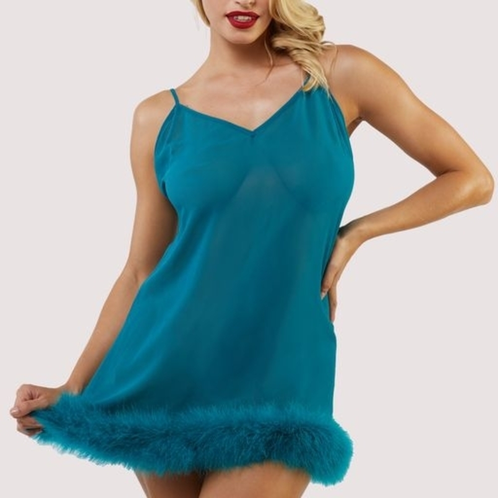 Bettie Page Turquoise Chemise with Feather Trim-Size 8